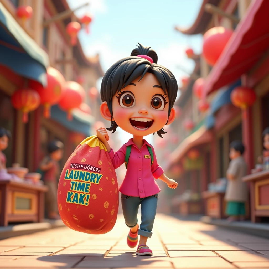 3D cartoon, HD, a chinese woman as a laundry courier, wearing a pink shirt, carrying a laundry bag MISTER LONDRE , says "LAUNDRY TIME KAK" , no logo in caps