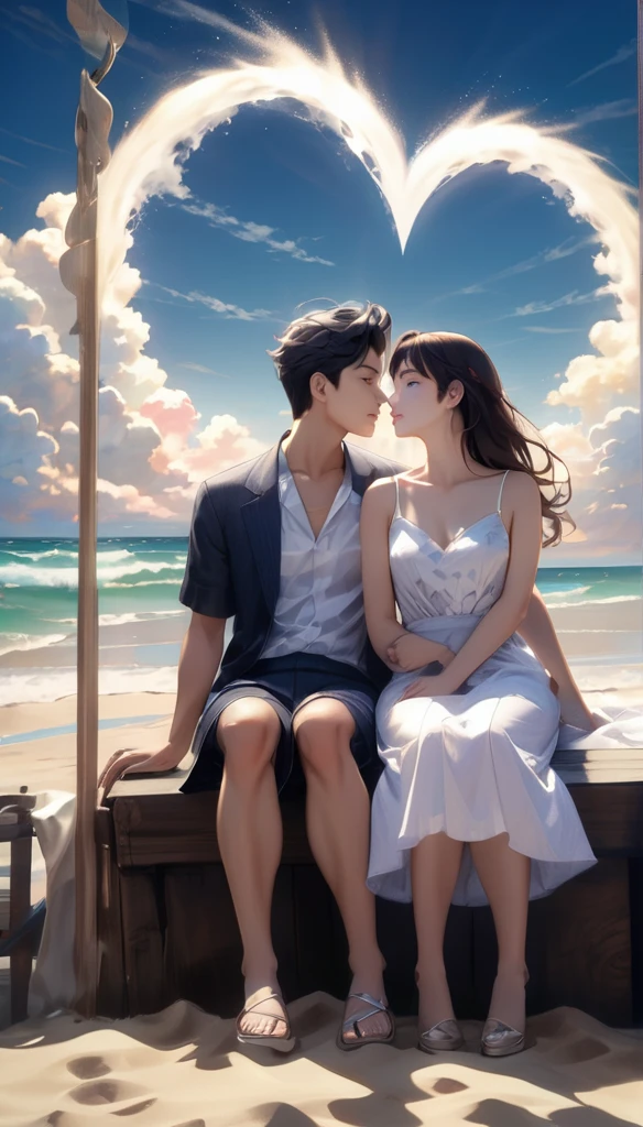 High resolution, masterpiece, Anatomically correct, 最high quality, Winner of numerous awards, Very detailed, high quality, Endless sandy beach、Heart shaped cloud、Couple sitting side by side、masterpiece, high quality, They&#39;re both wearing matching shirts、pink、Anatomically correct, 最high quality, Ultra high definition, Very detailed, Twin Ray