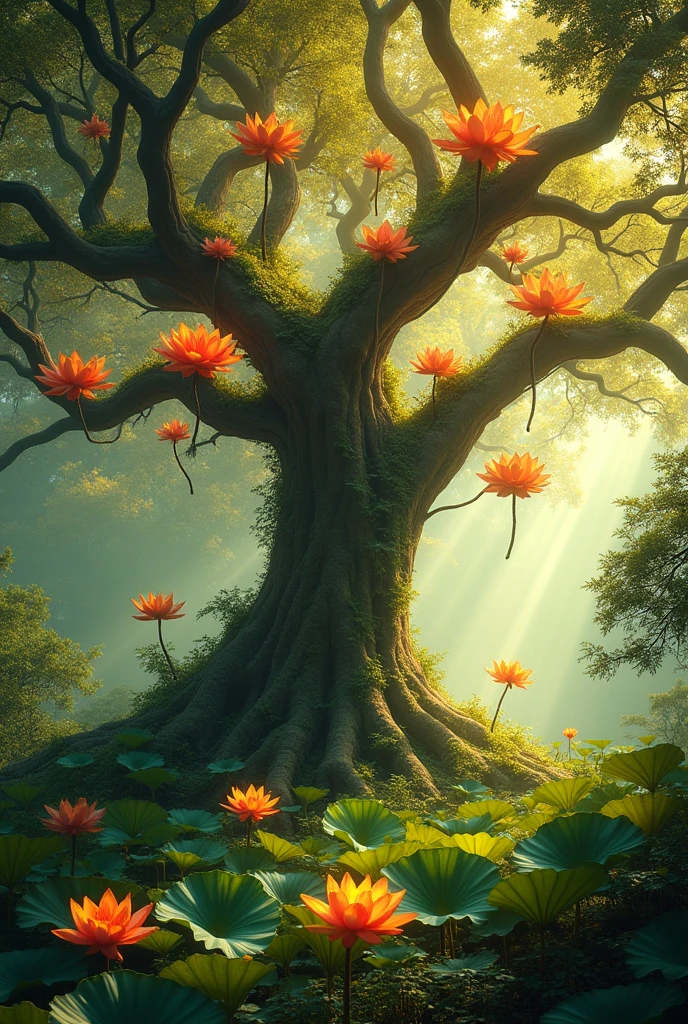 Drawings of orange lotus flowers on a tree