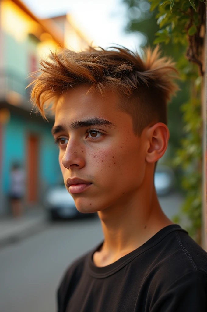 A boy with drooping eyes, black eyebrows, short reddish-yellow hair, freckles on his face and a mole next to his mouth, a 20-year-old Venezuelan national.
