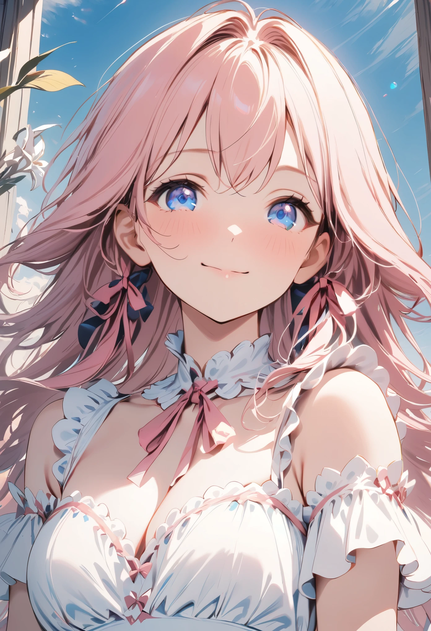 (masterpiece, Highest quality:1.2), one person's女の子, alone,one person's, lillia, one person's、Pink long hair、blue eyes、White dress with black lace、large pink ribbon on the chest、 cinematic view, Portraiture,, Cute Smile, Dynamic Angle, Pink Dress,