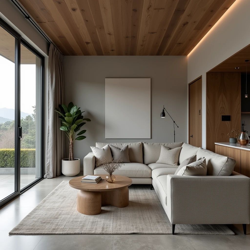 Create a home interior with a color palette of gray floors and brown ceilings 