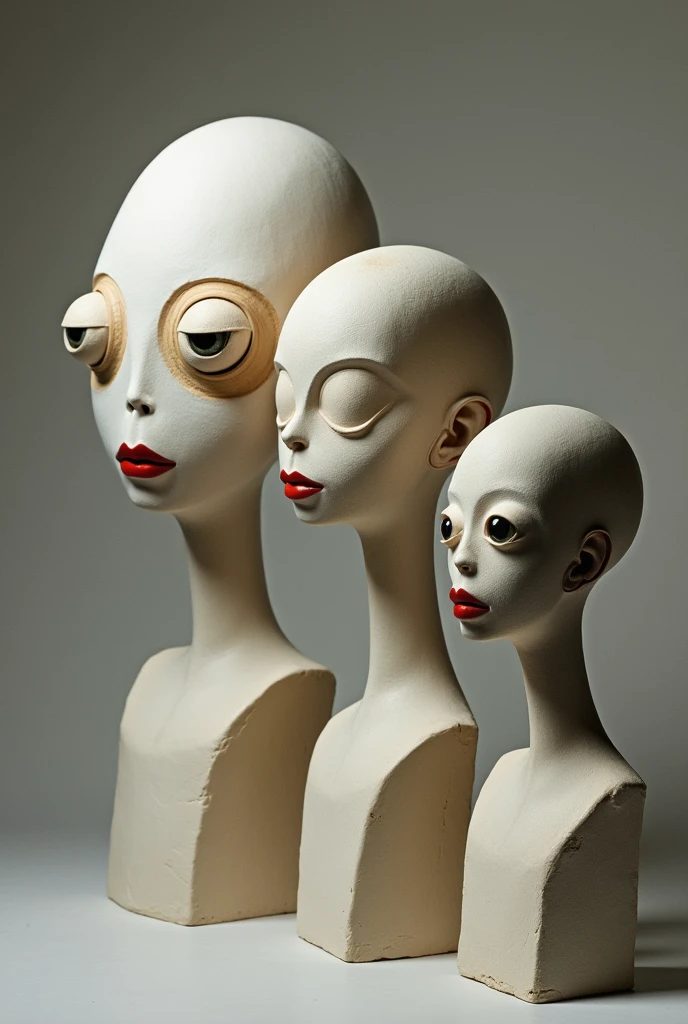 THREE BEINGS, THE FIRST ONE WITH A HEAD WITHOUT EARS, NOSE OR MOUTH, JUST ONE GIANT EYE, THE SECOND WITH A LARGE HEAD WITHOUT EARS WITHOUT NOSE ONLY GIANT LIPS, THE THIRD HEAD WITHOUT EYES WITHOUT LIPS WITHOUT NOSE ONLY WITH A VERY LARGE EAR WITH A SURREALIST AND MUSEUM ART TONE, BUST STYLE. KEEP THE STYLE BUT DEFINE WELL WHAT I REQUIRE AND I WILL WRITE IT IN THE TEXT



