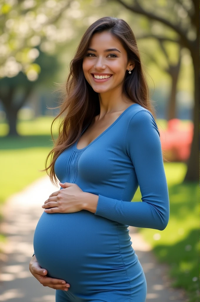 Girl with huge breasts and pregnant in short blue dress