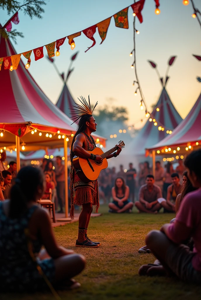 PICTURE REALISTIC, a festival with tents, people watching a show by an indigenous person playing guitar on a stage