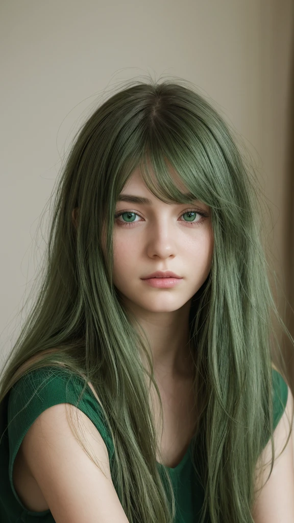 a girl. European. Extremely detailed face. Oval face. Delicate facial features. Half-closed eyes. Long straight hair. Messy hair. Green hair. Green eyes. sad. Shy