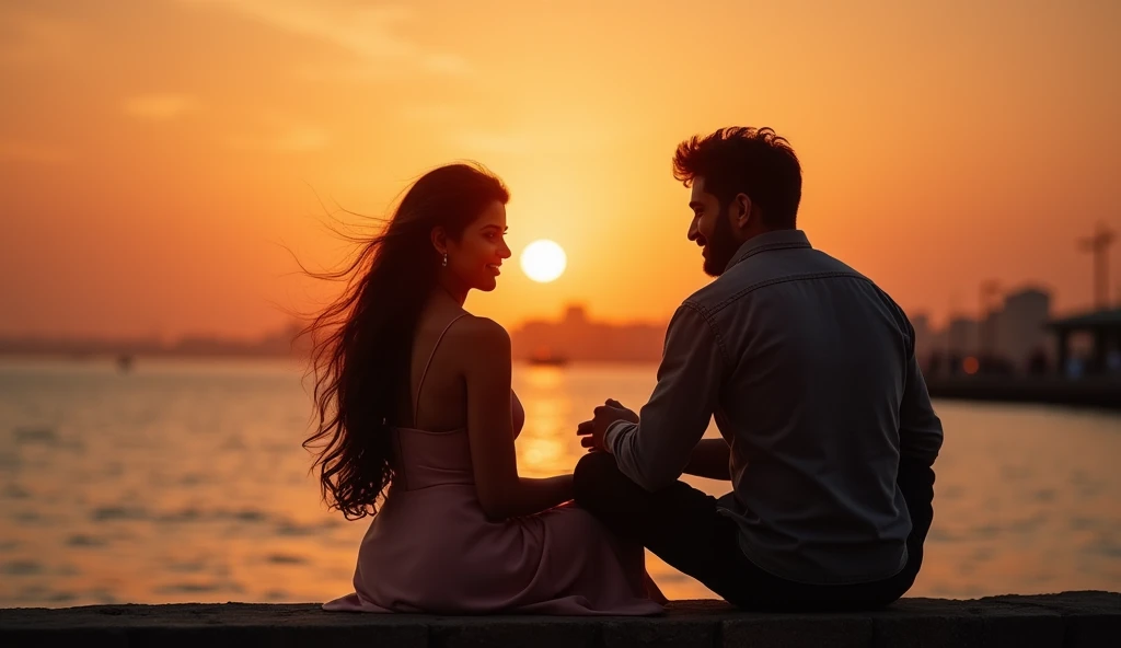 “Create a serene and romantic scene set on Marine Drive, the iconic seafront of Mumbai, during sunset. A stylish 25-year-old North Indian woman, Priya, is sitting close to a 27-year-old South Indian man, Raj. The sun is setting in the background, casting a warm, orange glow over the scene, while the city lights begin to twinkle in the distance. Raj is gently offering his jacket to Priya, who accepts it with a grateful smile. They are both seated on the edge of the seawall, watching the waves crash softly against the rocks. Their body language should reflect a quiet connection, with subtle hints of affection as they sit close to each other, lost in the moment. The atmosphere should be calm and romantic, with intricate details in the reflections of the city lights on the water and the soft glow of the sunset.””Realistic, intricate details, vibrant colours.