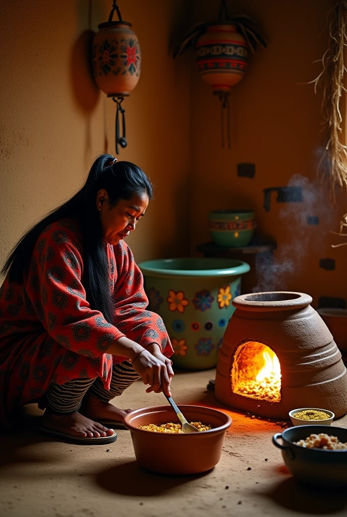 Woman cooking in a clay stove on the floor for her 3-year-old children, They are poor Bolivians