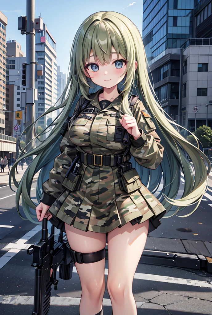 Two people, High resolution, Long Hair, Gaze, smile, masterpiece, accurate, Highest quality, Ultra high definition, Large Breasts, high school girl、mini skirt、Urban background、special forces、Multicam camouflage uniform、commander