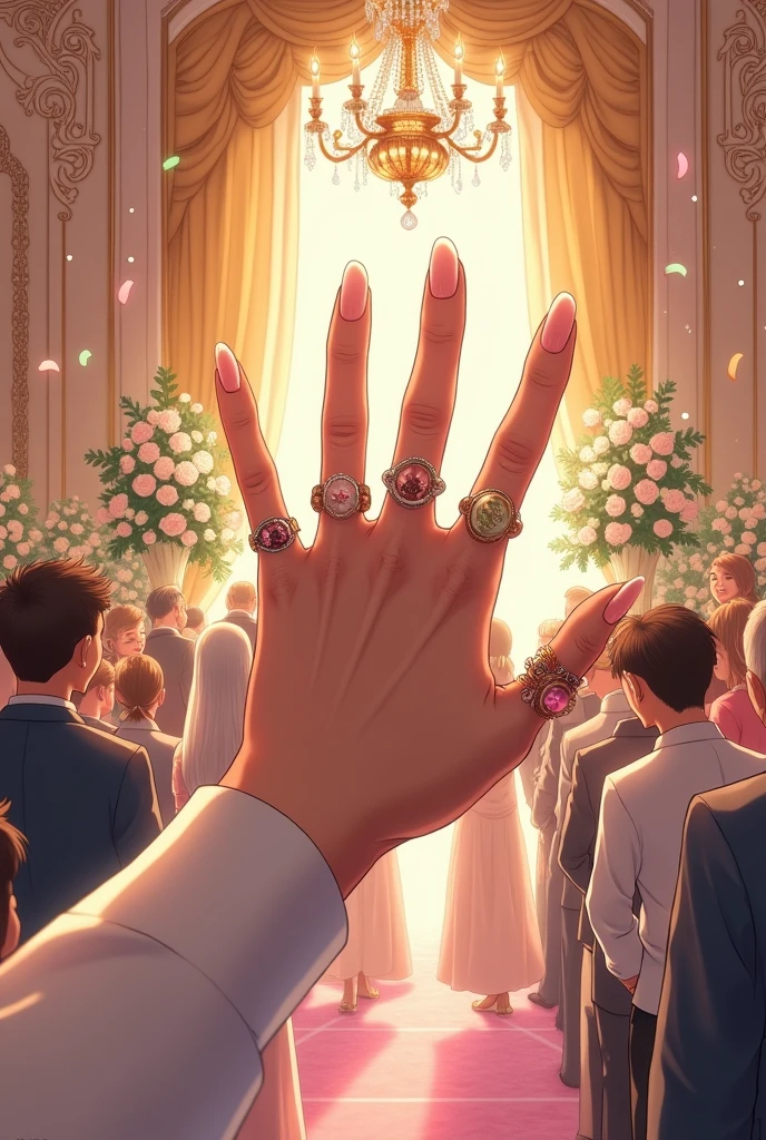 A woman's hand with 5 fingers wearing one ring marrying 5 grooms, scene in the wedding hall manhwa version