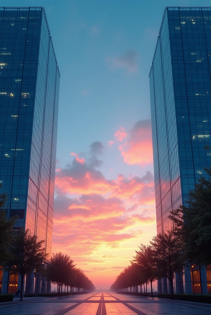 A real imagery of modern building on both side and sunrise from the middle. In blue sky background