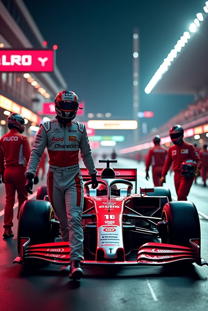 Show me Audi in Formula 1 with its drivers, and his car and his mechanics