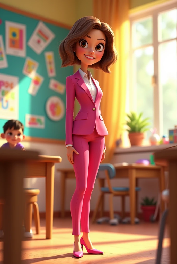 Disney Pixar type image of a tall teacher, slim, white tea, short light brown hair, big brown eyes, with pink suit and white shirt, pink high heel shoes
