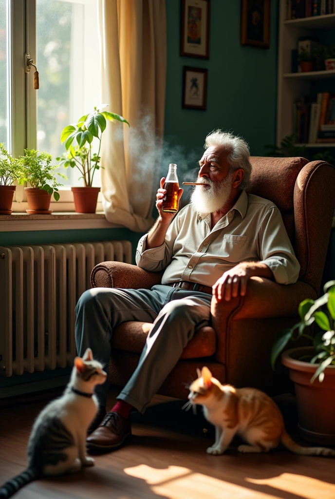 A very thin, elderly Mexican man with a beard, smoking and drinking beer in a middle-class house accompanied by many cats. Horizontal image.