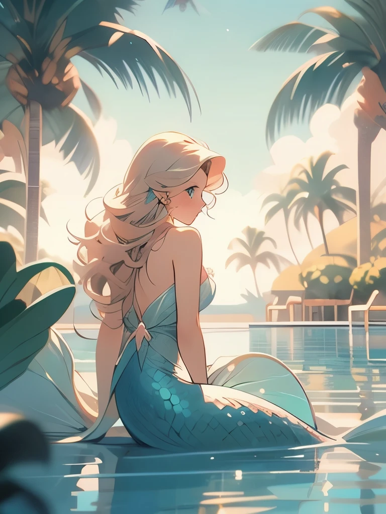 painting of a mermaid swimming in a pool with a palm tree, relaxing concept art, mermaid in distance, disney concept art :: nixri, beautiful mermaid, 🌺 cgsociety, a mermaid in the sea, mermaid, mermaids in distance, dreamy illustration, by Nicholas Marsicano, little mermaid, by Jean Crotti, mermaid tail, loish |, in the sea