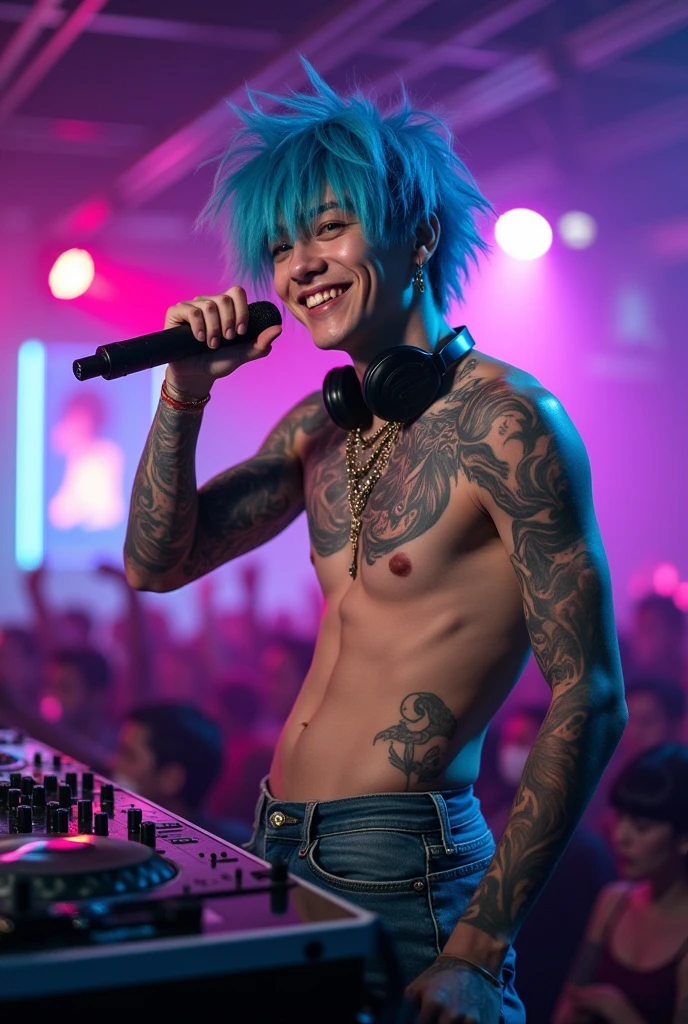 sunglasses、Blue Hair、Very long hair、male、Young people、good looking、Full body tattoos、DJ、microphone、No beard、refreshing、Reshaped face、Striking a pose、Japanese、popular person、Artist、singer、