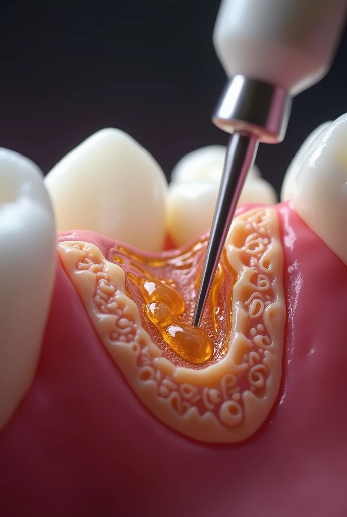 (photorealism:1.2), A hyper-realistic depiction of a dental procedure where anesthetic is being precisely deposited into the maxillary region for a first upper molar. The image captures the moment the needle penetrates the tissue, with the anesthetic fluid visibly dispersing into the surrounding tissues. The anatomy of the area is meticulously detailed, showing the alveolar bone, nerves, and blood vessels, as well as the soft tissue layers. The focus is on the accuracy of the injection, with the needle tip positioned near the roots of the molar, while the texture of the gum and the tooth’s surface is rendered with lifelike detail. The overall scene conveys a blend of medical precision and biological realism.