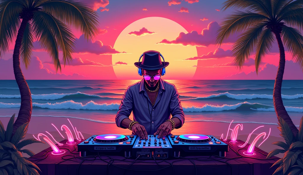 artistic illustration, a DJ , in the background a beach with a sunset, neon energy