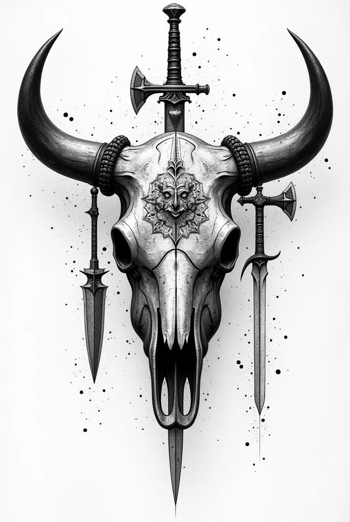 Create a black and white pointillism tattoo of a Viking cow skull with a warrior face in pointillism with runes and medieval weapons in pointillism