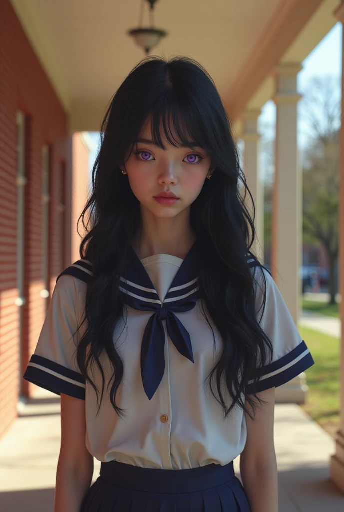female teenager, perfect body, Pale skin, Lost look, lilac purple eyes, School uniform, long black hair, americana