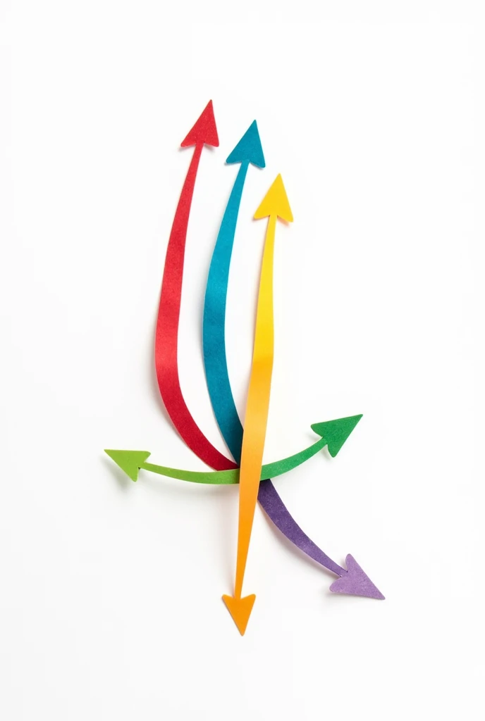 I want an image where 5 arrows are seen mixed together in colors, thin and long, which while advancing are ordered until they are parallel with a white background, In the end, they have to be PARALLEL, that is to say, straight lines that do not intersect each other