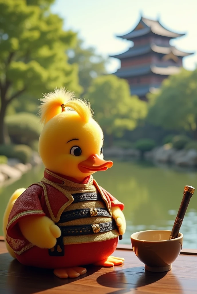 Yellow soft fur duck with pony tail hair wearing gold and red samurai costume sitting with japanese table in front, japanese tea cup and japanese sword on the japanese table, zen garden background with japanese castle