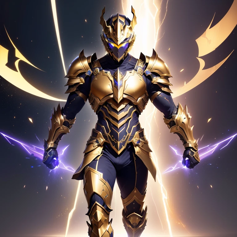 Focus on the Helmet: The image presents a male warrior in futuristic armor, with special emphasis on the helmet as a crucial element. The helmet fully encloses the head, featuring a sleek design with a golden metallic finish and a glowing blue visor.

Armor Design: The armor is cohesive, blending golden and dark metallic blue elements with a powerful and majestic look. The chest plate has a glowing gem in the center, adding a mystical touch.

Pauldrons and Arm Guards: Large, wing-like shoulder pads extend outward, polished in gold. The arm guards are sleek, combining gold and purple for flexibility and protection.

Leg Armor: The segmented leg armor in gold and purple is sturdy, with angular boots that convey strength and agility.

Background: The warrior stands against a dark cosmic backdrop, with dynamic lighting that emphasizes the glowing visor and central chest gem, highlighting the armor's imposing presence