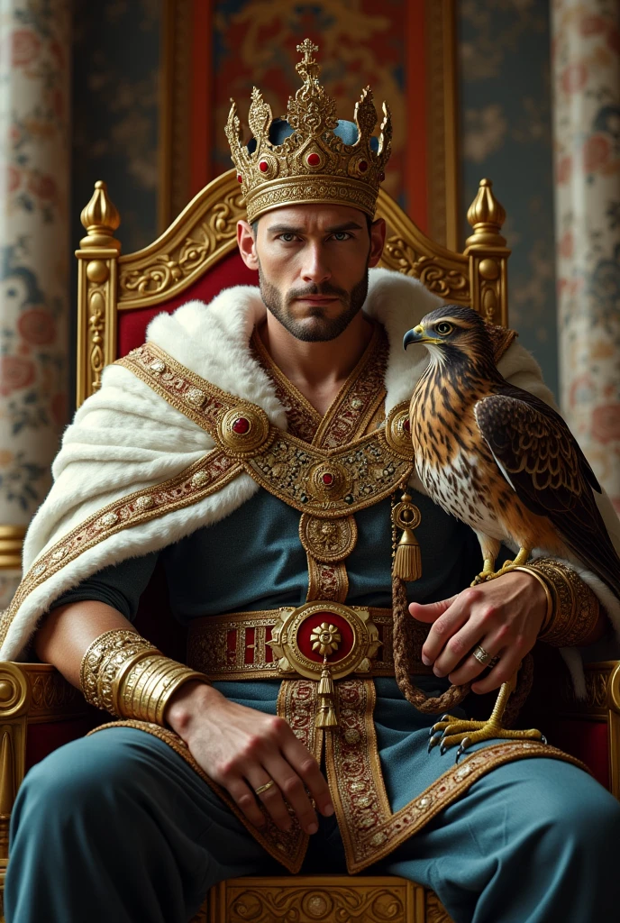 Imposing, strong, and handsome emperor with European features wearing a crown and holding a scepter sitting on a throne with a falcon. 