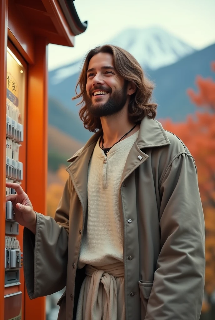 View diagonally from behind. Jesus Christ presses a button on a Japanese vending machine. He looks happy. Jesus is wearing an off-white knit top, a knit hat on his head, jeans and a gray coat. Jesus of Nazareth is depicted as a gentle, gentle man with shoulder-length hair. His wavy brown hair cascades over his shoulders. His face conveys deep wisdom and empathy, radiating warmth and understanding. The background is the autumn mountains of Japan. Highly detailed, trending at the art station, sharp focus, studio shot, intricate detail, Greg Rutkowski,