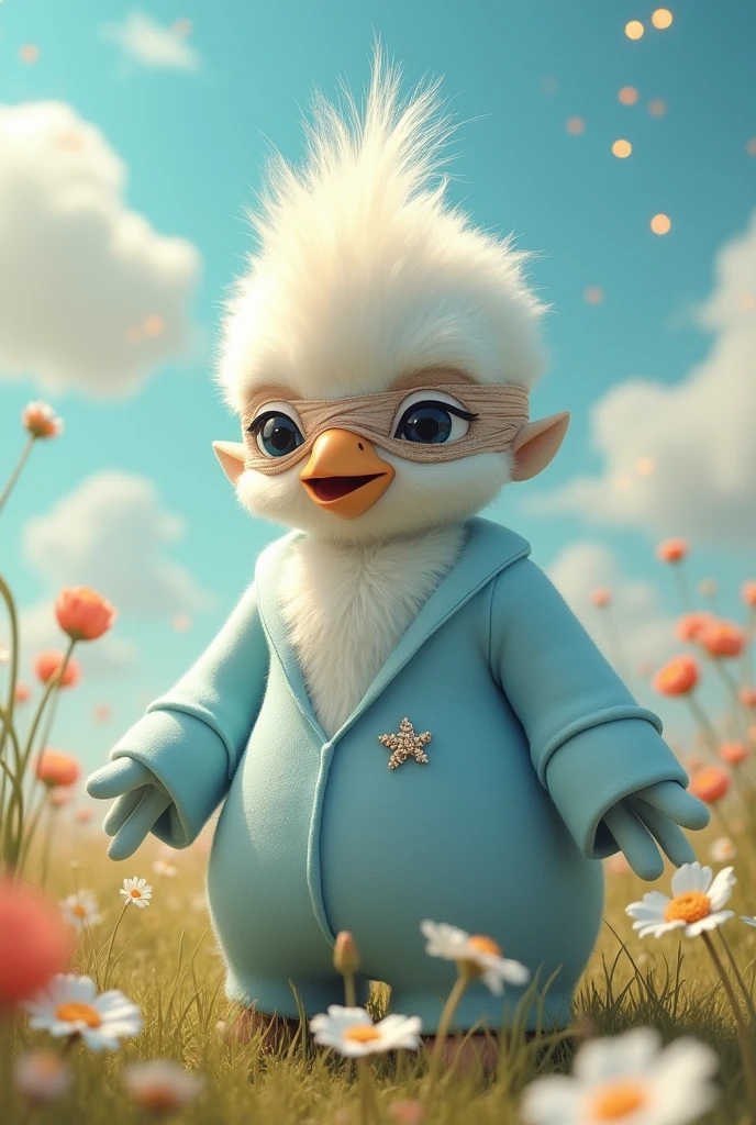 The head is a baby bird old man、The eyes are covered with a blindfold.、The body is light blue、Mascots