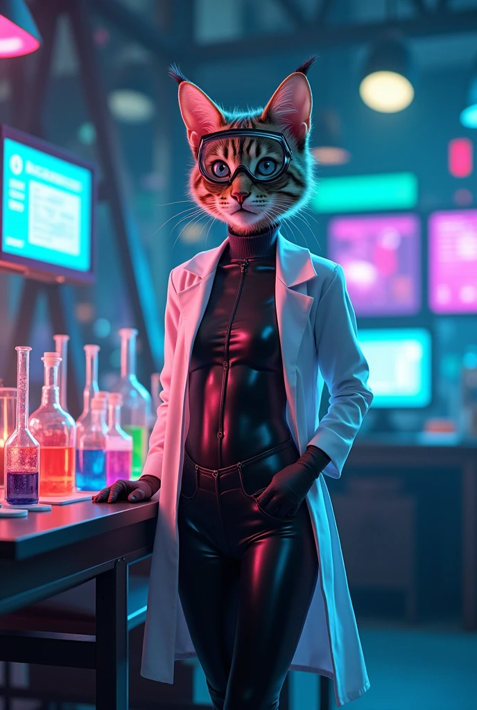 Scientist catgirl in latex leggings 