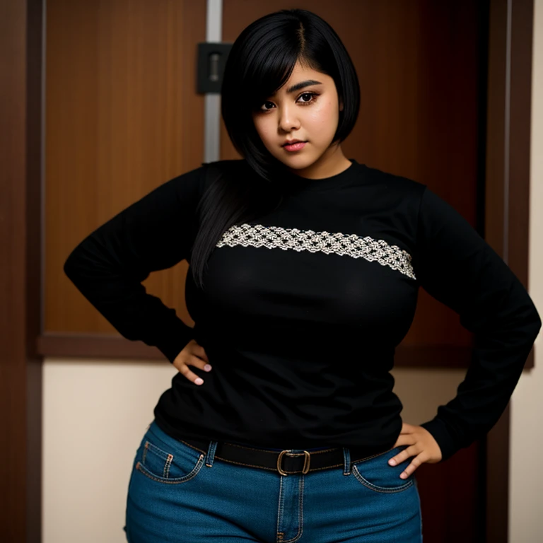 Full body photo, beautiful detailed, cute face, short, slim Mexican teen, medium black hair, black hair over one eye, long sleeve T-shirt, long pants, solo, voluptuous breasts, emo