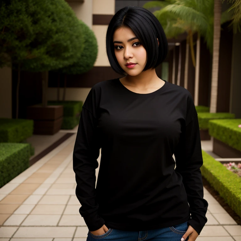 Full body photo, beautiful detailed, cute face, short, slim Mexican teen, medium black hair, black hair over one eye, long sleeve T-shirt, long pants, solo, voluptuous breasts, emo