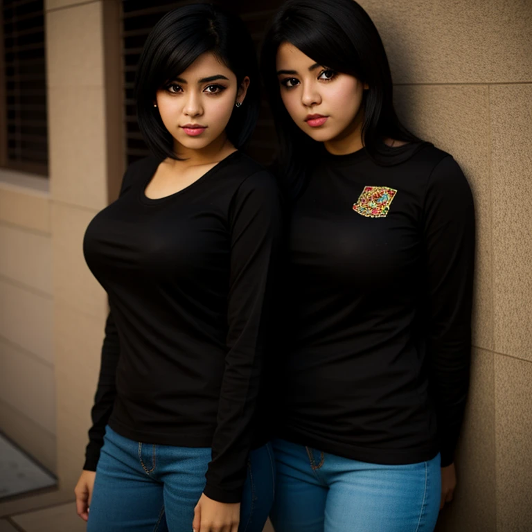 Full body photo, beautiful detailed, cute face, short, slim Mexican teen, medium black hair, black hair over one eye, long sleeve T-shirt, long pants, solo, voluptuous breasts, emo
