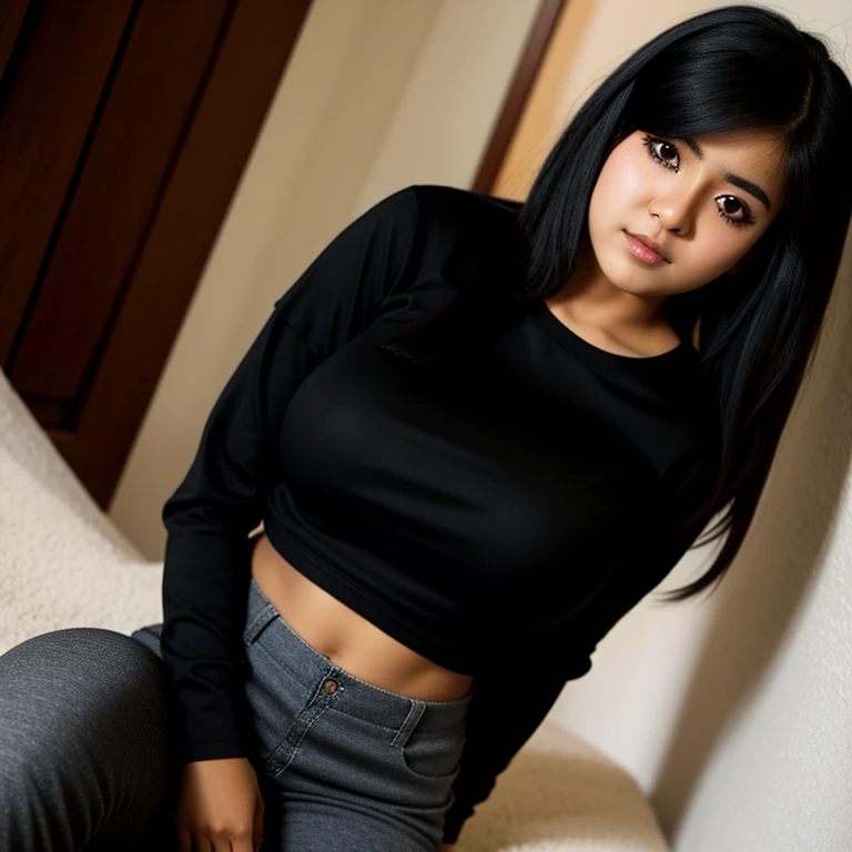 Full body photo, beautiful detailed, cute face, short, slim Mexican , medium black hair, black hair over one eye, long sleeve T-shirt, long pants, solo, voluptuous breasts, emo