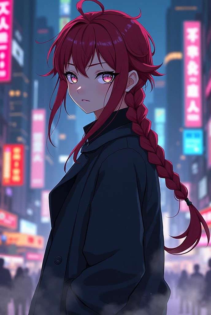 maroon hair braided, white eyes, anime boy