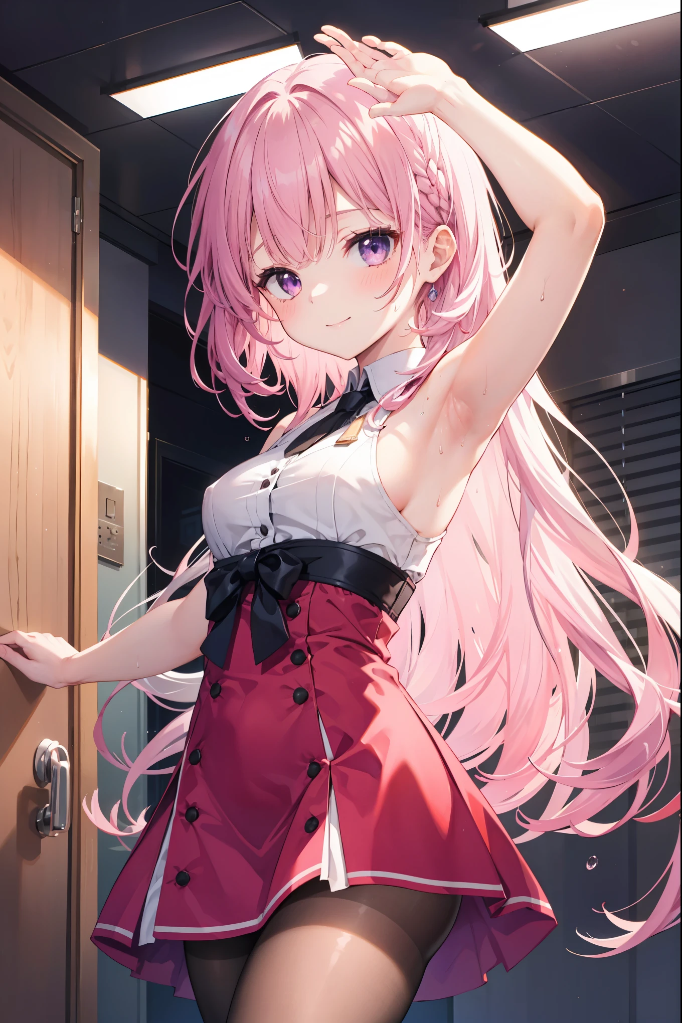 One person girl,Pink medium long hair,indoor,165cm height,Bust 55cm,Purple eyes,Red dress,White pantyhose,bare hands臂,bare hands,Pose with your arms raised above your shoulders and your armpits.,Armpit sweat,smile,7 figureitsukasa Ayas