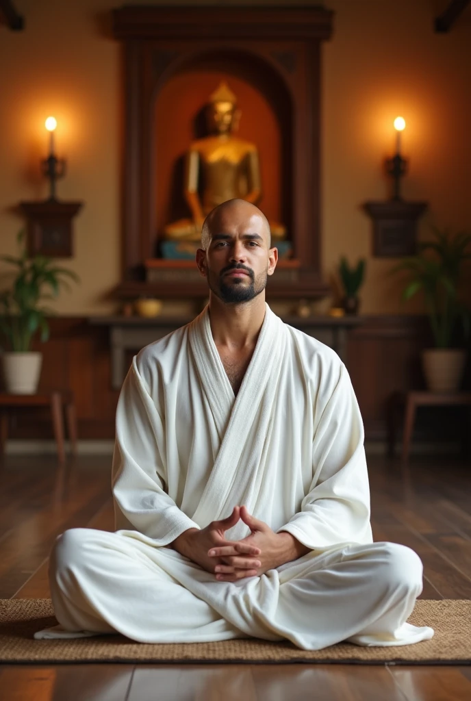 35 year old man, bald and shaved, with a goatee and trimmed beard, normal build, serene face, He wears a white robe and is seated meditating in a yoga center. Warm interior background, meditative and spiritual. There are lights, with Buddhist decorations. realistic photo, approach, clear, realism, spirituality