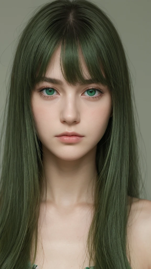 a girl. European. Extremely detailed face. Oval face. Delicate facial features. Half-closed eyes. Long straight hair. Messy hair. bangs. Green hair. Green eyes. sad. angry. Shy