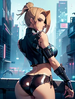 ((1 girl:1.3, standing alone))、absurderes, ultra detali, digital illustration, Meticulously styled hair, Meticulously drawn eye, shiny realistic skin texture、soft texture、shining skin、corpo sexy, ((cyber punk))、((jojo posing:1.4))、((arched back))、glaring look、((Being in the city of midnight:1.2))、((rear view:1.5))、((sleeveless:1.2))、((torn open:1.2,  hot pants:1.4, leg high:1.3))、((latex))、((cut upper navel:1.2))、((underwear:1.2))、((HUGE HIPS:1.3))、sharp focus, whole body