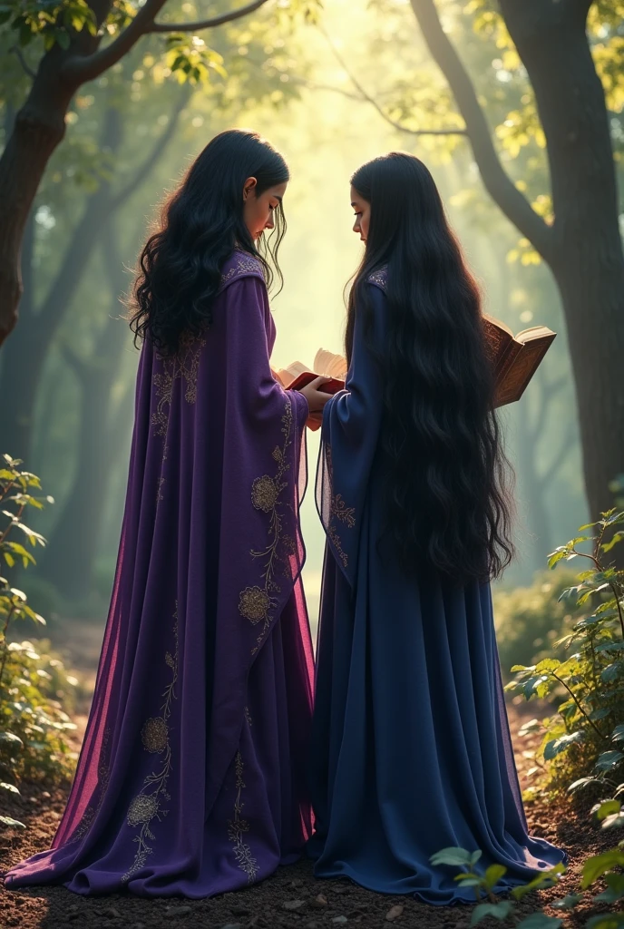 Make me two friends with their backs to me, each one reading a book, Let the books be seen, one with shoulder length wavy hair and the other with long hair, straight hair, Both with black hair and dress them like witches without hats with a Disney, magical and ancient style.