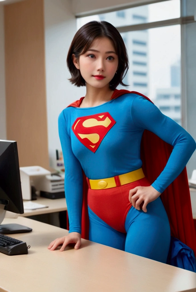 (One person), (masterpiece:1.0),(Extremely detailed 8K), (Wide long shot photo), (whole body:1.3), Realistic, Beautiful woman satomi ishihara,very short hair,standing on the office, clothing ((Superman_80s_custome)), View your viewers, (photoRealistic:1.1), (Highest quality:1.4), (Ultra-high resolution:1.2), 8k resolution, Canon EOS R5, 50mm, Absurd, Super detailed, Beautiful face in every detail, Detailed skin texture, Pale skin, smile, Talked about at the art station, Superman_80s_custome,
