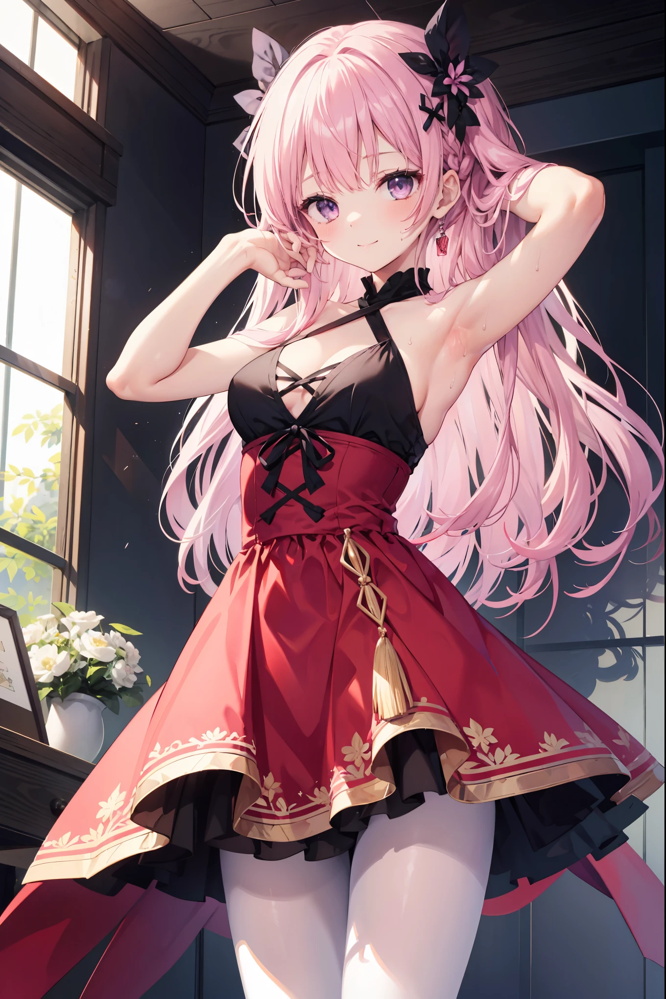 One person girl,Pink medium long hair,indoor,165cm height,Bust 55cm,Purple eyes,Red dress,White pantyhose,bare hands臂,bare hands,Pose with your arms raised above your shoulders and your armpits.,Armpit sweat,smile,7 figureitsukasa Ayas