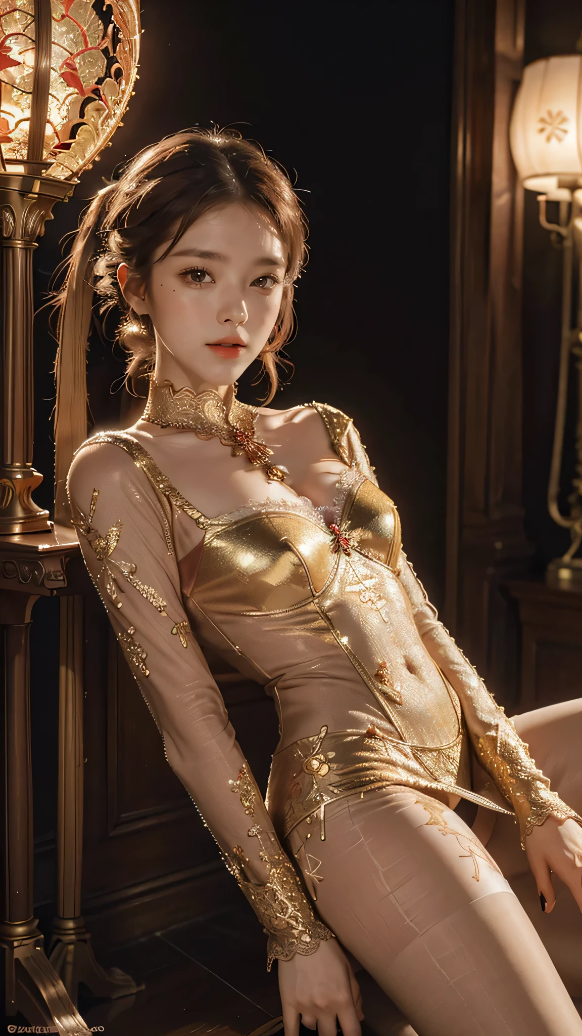 ((Masterpiece, Highest quality)), Detailed Full of details, poses and expressions, Highly detailed, Depth, s,beauty girl,cinmatic lighting,with light glowing,Red and gold,Phoenix decoration,light yarn,Lace,lace pantyhose,high-heels, upper body only, close focus