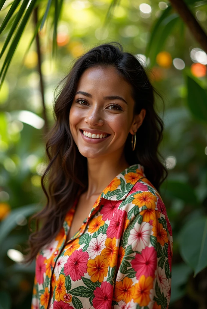 A Brazilian woman in a lush tropical garden, wearing an open shirt with a floral print, with a close-up capturing the harmonious beauty between her breasts and the natural flowers, showing off your natural charm and outgoing personality.