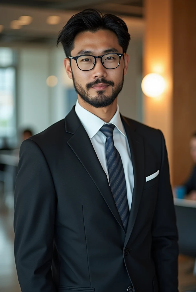 1boy,people of Korean descent, handsome male, face, beard, office background, wearing glasses, suit outfit, very attractive, blurry_background, (high detailed skin:0.8), 8k uhd, dslr, soft lighting, HDR, warm light, high quality, film grain, Fujifilm XT3,