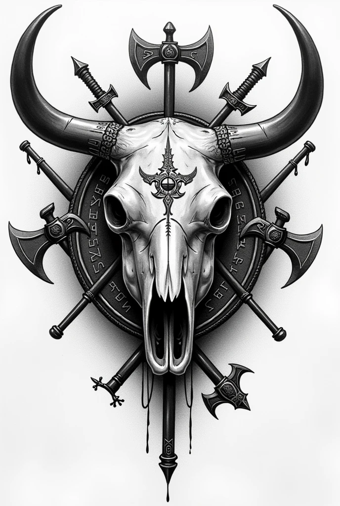 Create a black and white pointillism tattoo of a Viking cow skull with a warrior face in pointillism with runes and medieval weapons in pointillism