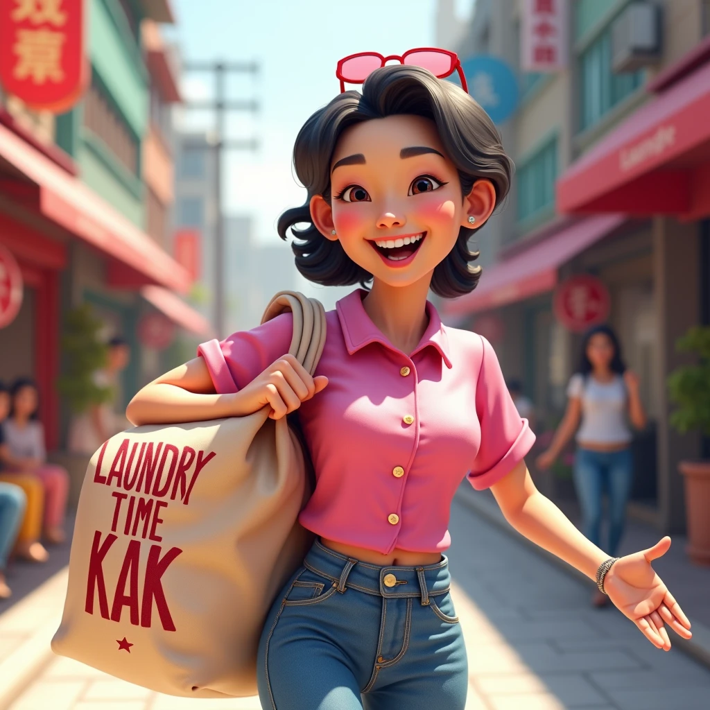 3D cartoon, HD, a chinese woman as a laundry courier, wearing a pink shirt, carrying a laundry bag MISTER LONDRE , says "LAUNDRY TIME KAK" , no logo in caps