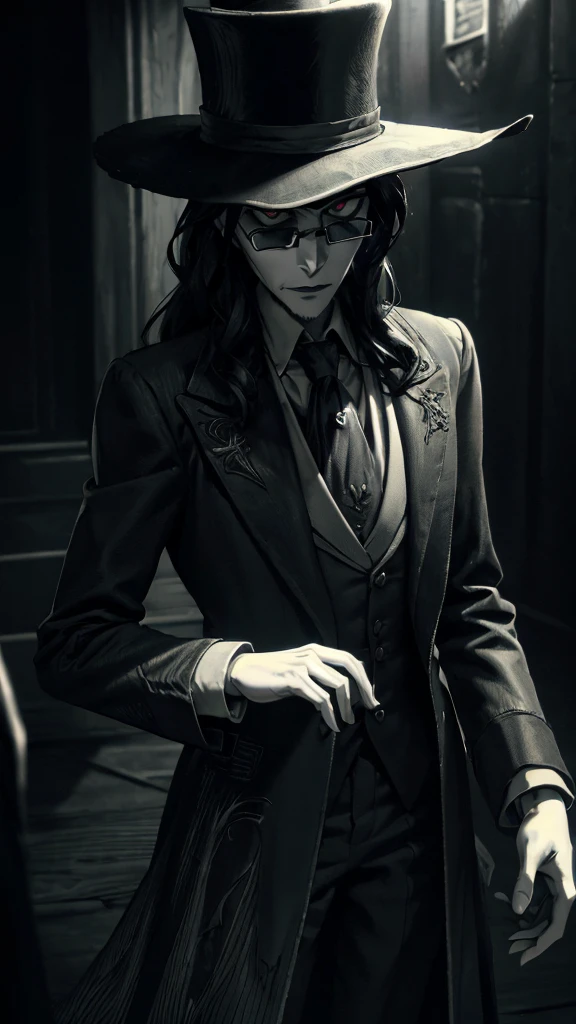 (1boy, countd,glasses,hat,suit,black jacket), (extremely detailed CG unit 8k wallpaper),(master part), (best quality), (ultra detail), (best illustration),(TimBurton Animation), cowboy shot, (Sharp eyeliner, ombre, detail eyes), dark dungeon interiors background, ,break , (vamptech), monochrome