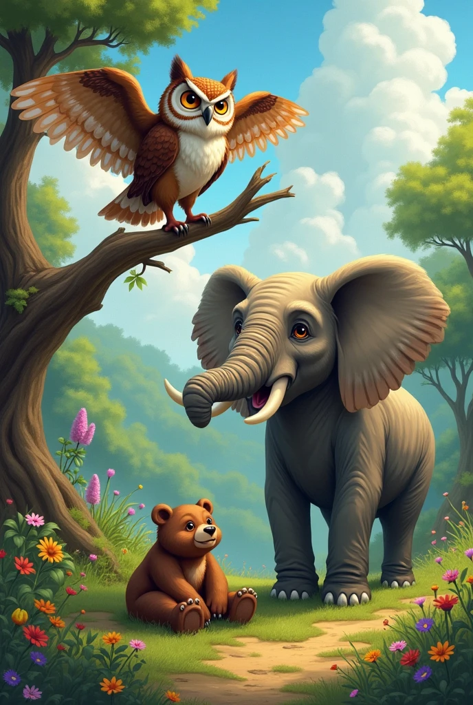 A strong owl keeping a bear and an elephant as pets